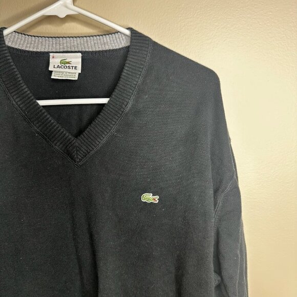 Lacoste Sweater Mens Sz 8 US XXL Black Cotton V Neck Long Sleeve Logo Pullover - Picture 5 of 10